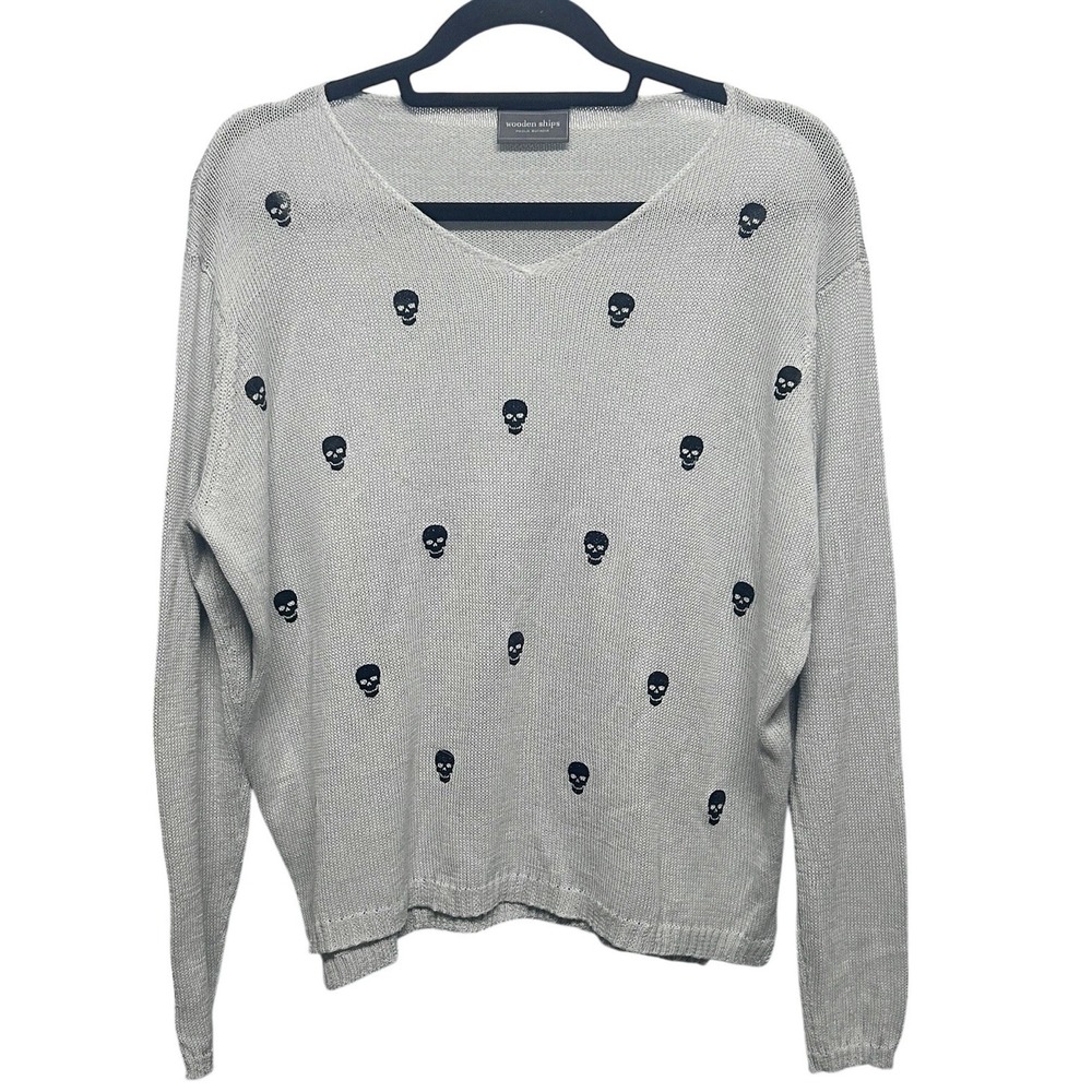 Wooden Ships Sweater Gray Knit Black Skulls V-Neck Small/Medium